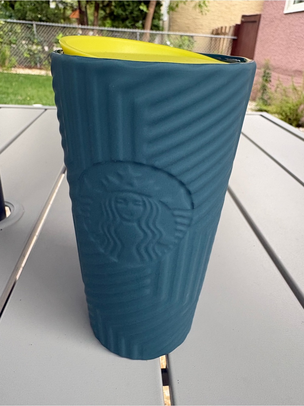 Starbucks Ceramic Teal Travel Tumbler with Bright Yellow Lid